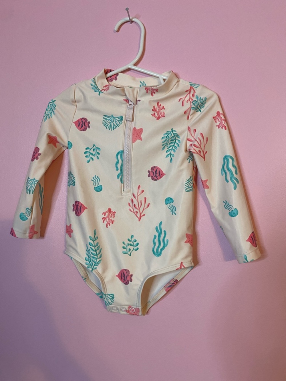 Carter's Girls Cream Long Sleeve Rashguard One-Piece with Pink & Teal Sea Print